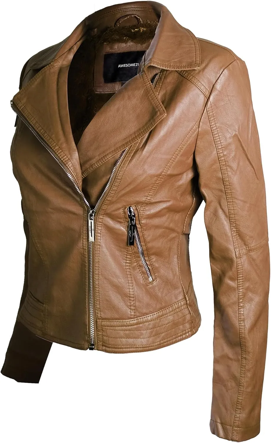 Awesome21 Women's Women's Classic Leather Moto Jacket with Furry Lining and Double Belt