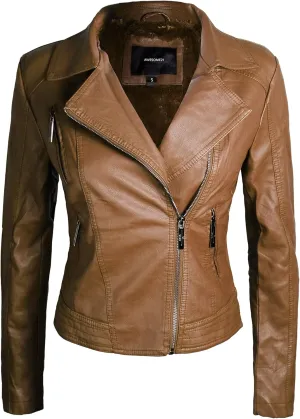 Awesome21 Women's Women's Classic Leather Moto Jacket with Furry Lining and Double Belt