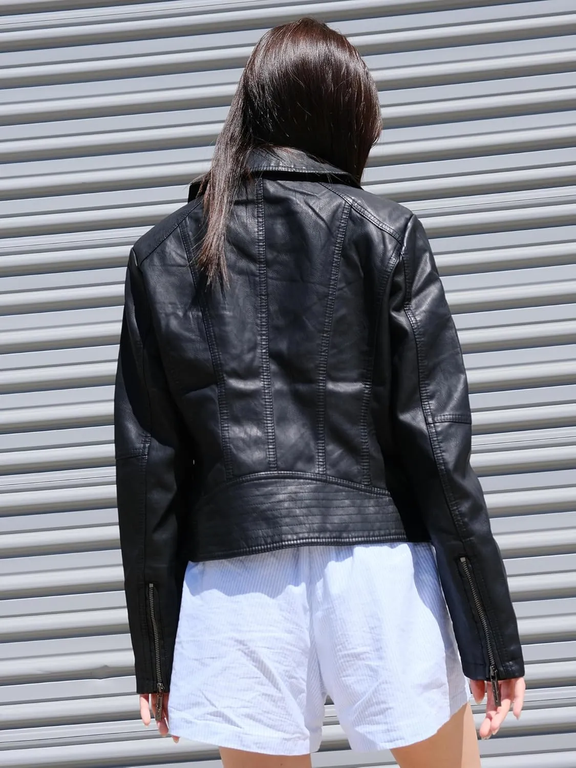Awesome21 Women's Women's Classic Leather Moto Jacket with Furry Lining and Double Belt