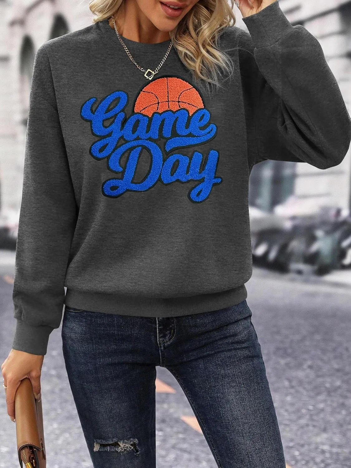 Basketball Game Day Sweatshirt for Women Game Day Chenille Patch Shirts Basketball Graphic Long Sleeve Tops