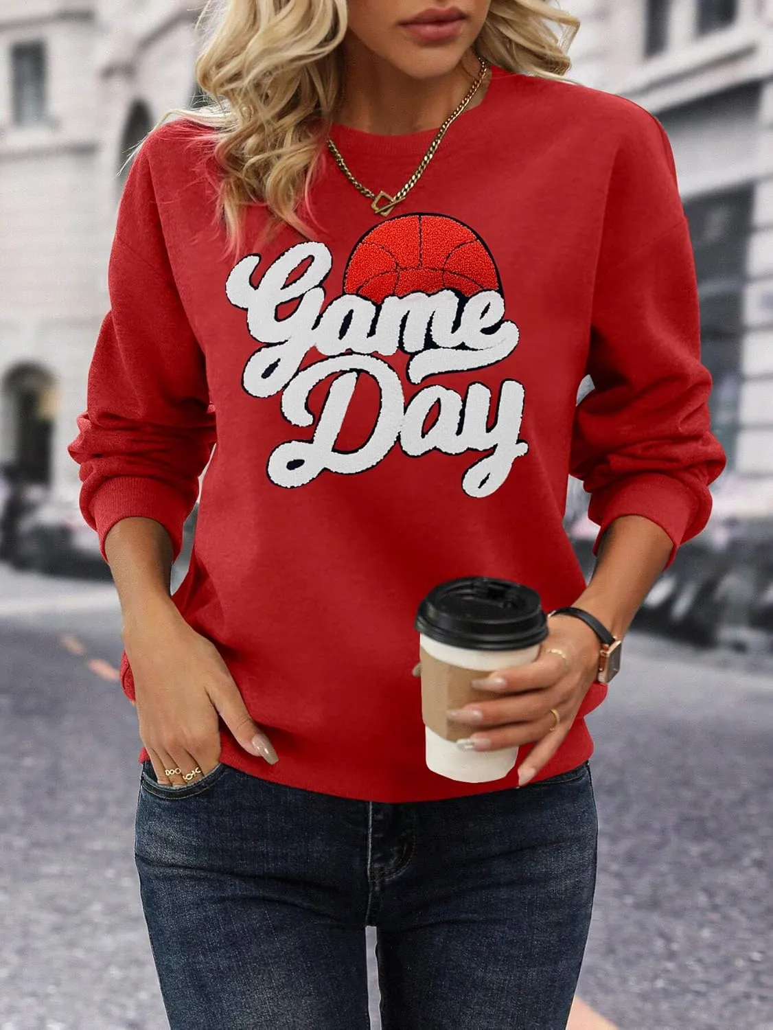 Basketball Game Day Sweatshirt for Women Game Day Chenille Patch Shirts Basketball Graphic Long Sleeve Tops