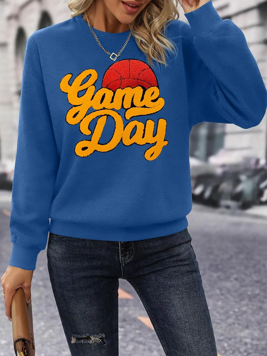Basketball Game Day Sweatshirt for Women Game Day Chenille Patch Shirts Basketball Graphic Long Sleeve Tops