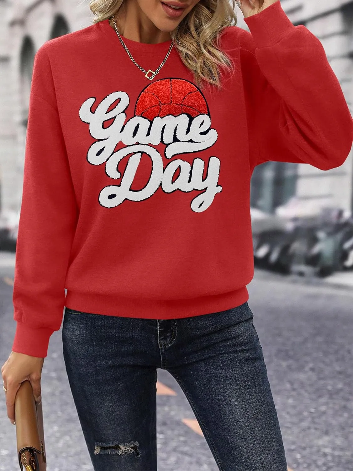 Basketball Game Day Sweatshirt for Women Game Day Chenille Patch Shirts Basketball Graphic Long Sleeve Tops