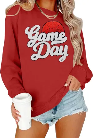 Basketball Game Day Sweatshirt for Women Game Day Chenille Patch Shirts Basketball Graphic Long Sleeve Tops