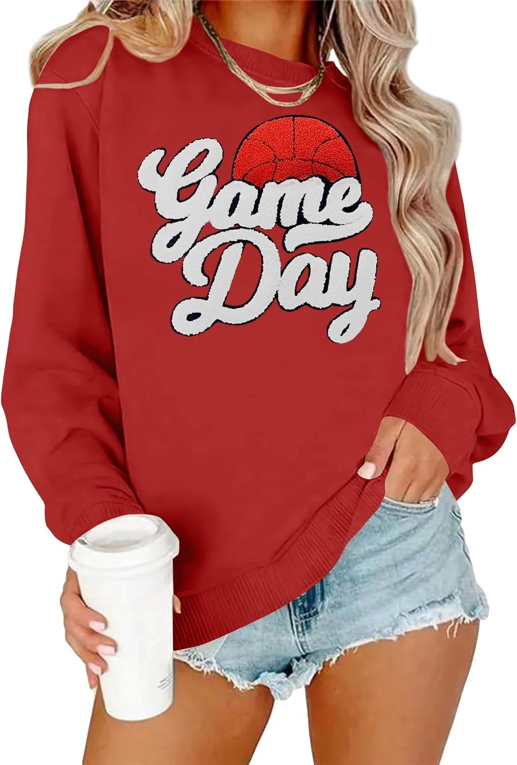 Basketball Game Day Sweatshirt for Women Game Day Chenille Patch Shirts Basketball Graphic Long Sleeve Tops