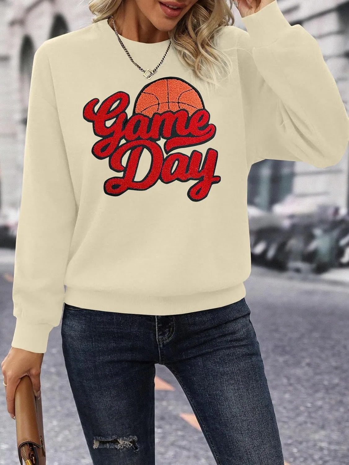 Basketball Game Day Sweatshirt for Women Game Day Chenille Patch Shirts Basketball Graphic Long Sleeve Tops
