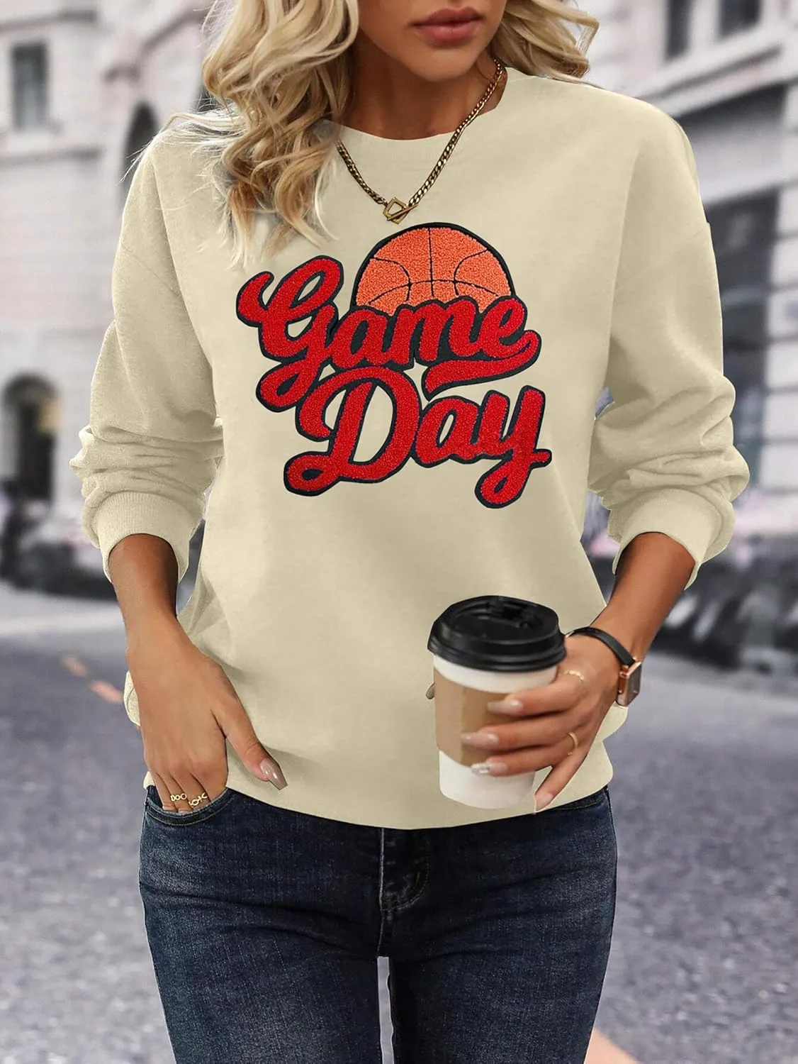 Basketball Game Day Sweatshirt for Women Game Day Chenille Patch Shirts Basketball Graphic Long Sleeve Tops