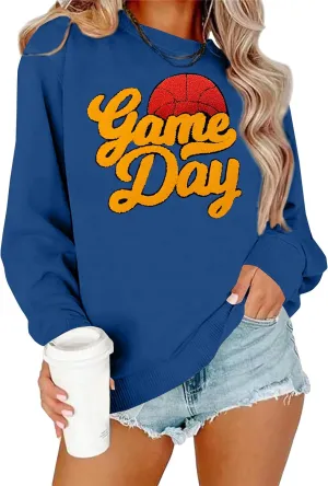 Basketball Game Day Sweatshirt for Women Game Day Chenille Patch Shirts Basketball Graphic Long Sleeve Tops