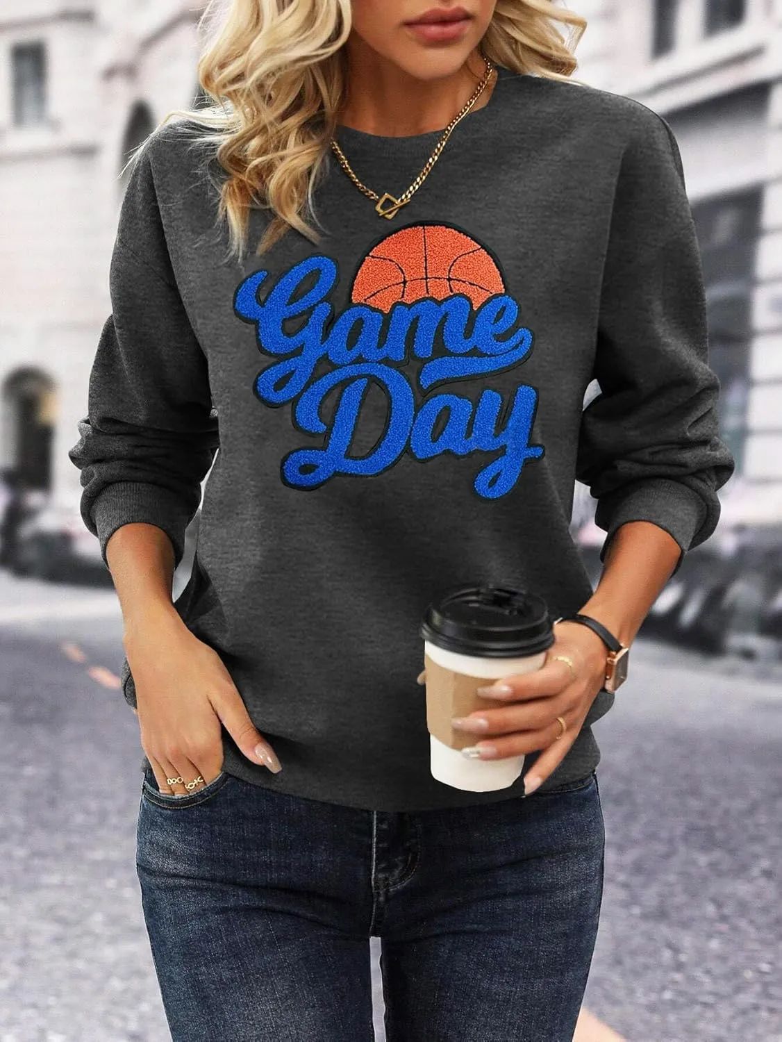 Basketball Game Day Sweatshirt for Women Game Day Chenille Patch Shirts Basketball Graphic Long Sleeve Tops