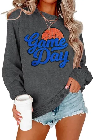 Basketball Game Day Sweatshirt for Women Game Day Chenille Patch Shirts Basketball Graphic Long Sleeve Tops