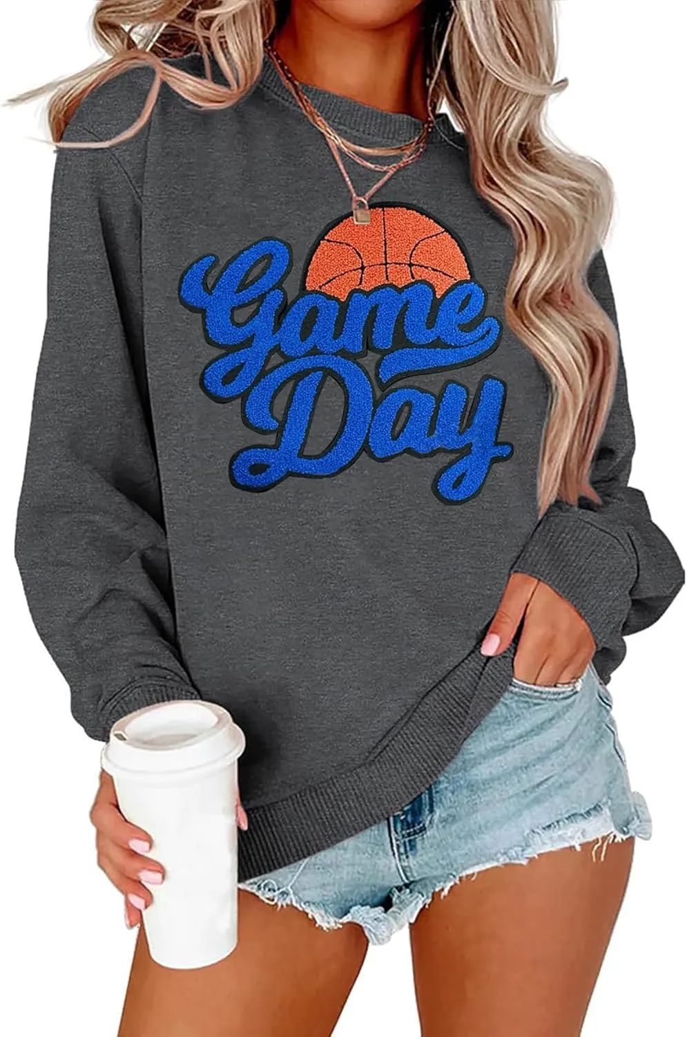 Basketball Game Day Sweatshirt for Women Game Day Chenille Patch Shirts Basketball Graphic Long Sleeve Tops