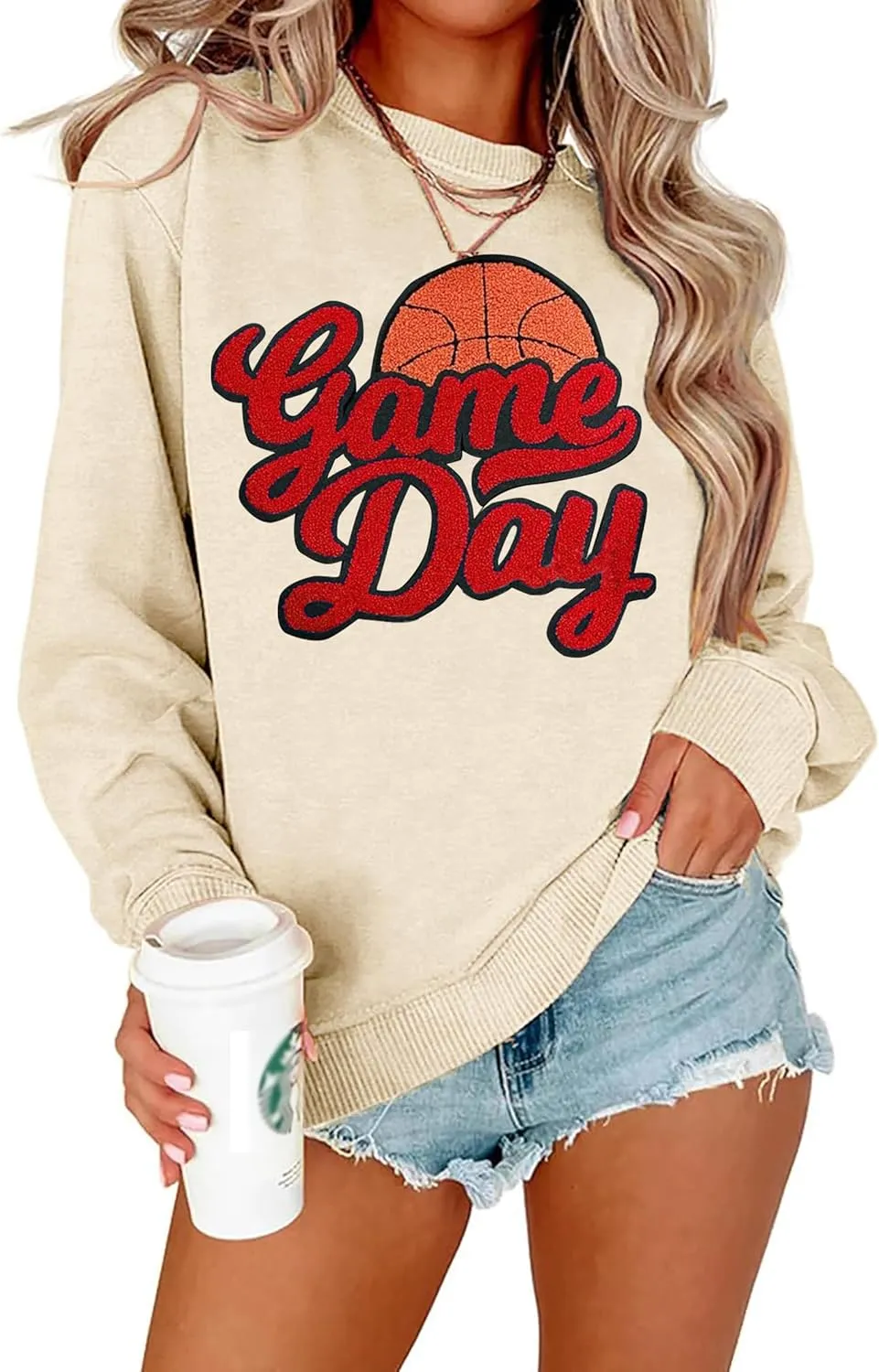 Basketball Game Day Sweatshirt for Women Game Day Chenille Patch Shirts Basketball Graphic Long Sleeve Tops