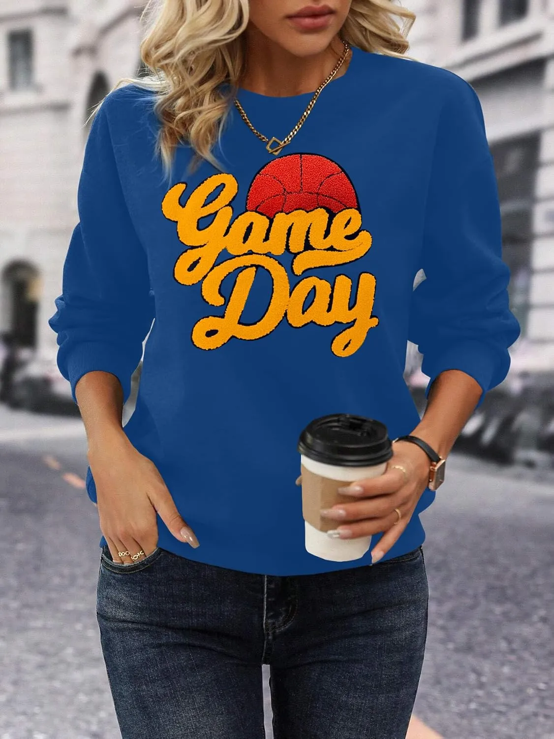 Basketball Game Day Sweatshirt for Women Game Day Chenille Patch Shirts Basketball Graphic Long Sleeve Tops
