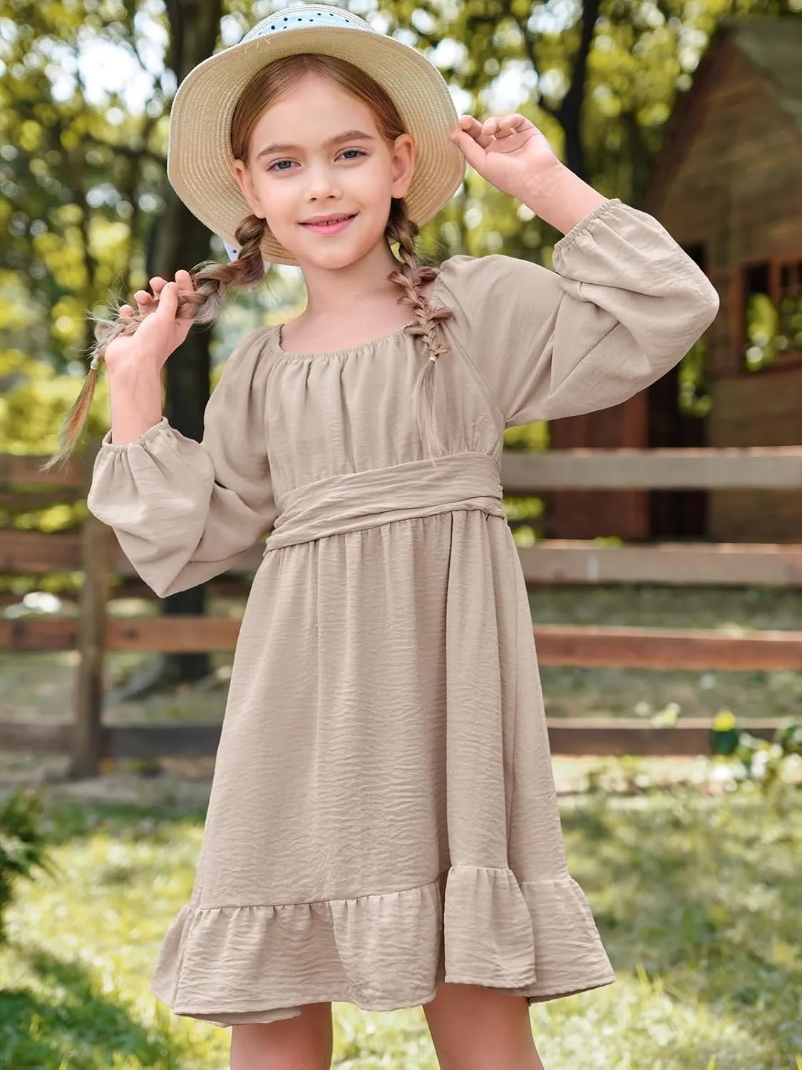 Batermoon Girls Long Sleeve Tie Back Dress Kids Fall Square Neck A-Line Mini Dresses 5-14 Years