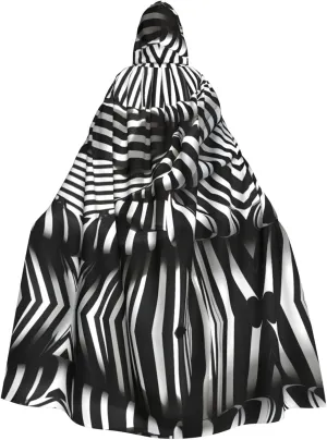 Black & White Stripe print Hooded Robe Cloak Long Cape Cosplay Costume Halloween Witch Cosplay Robe for Men Women
