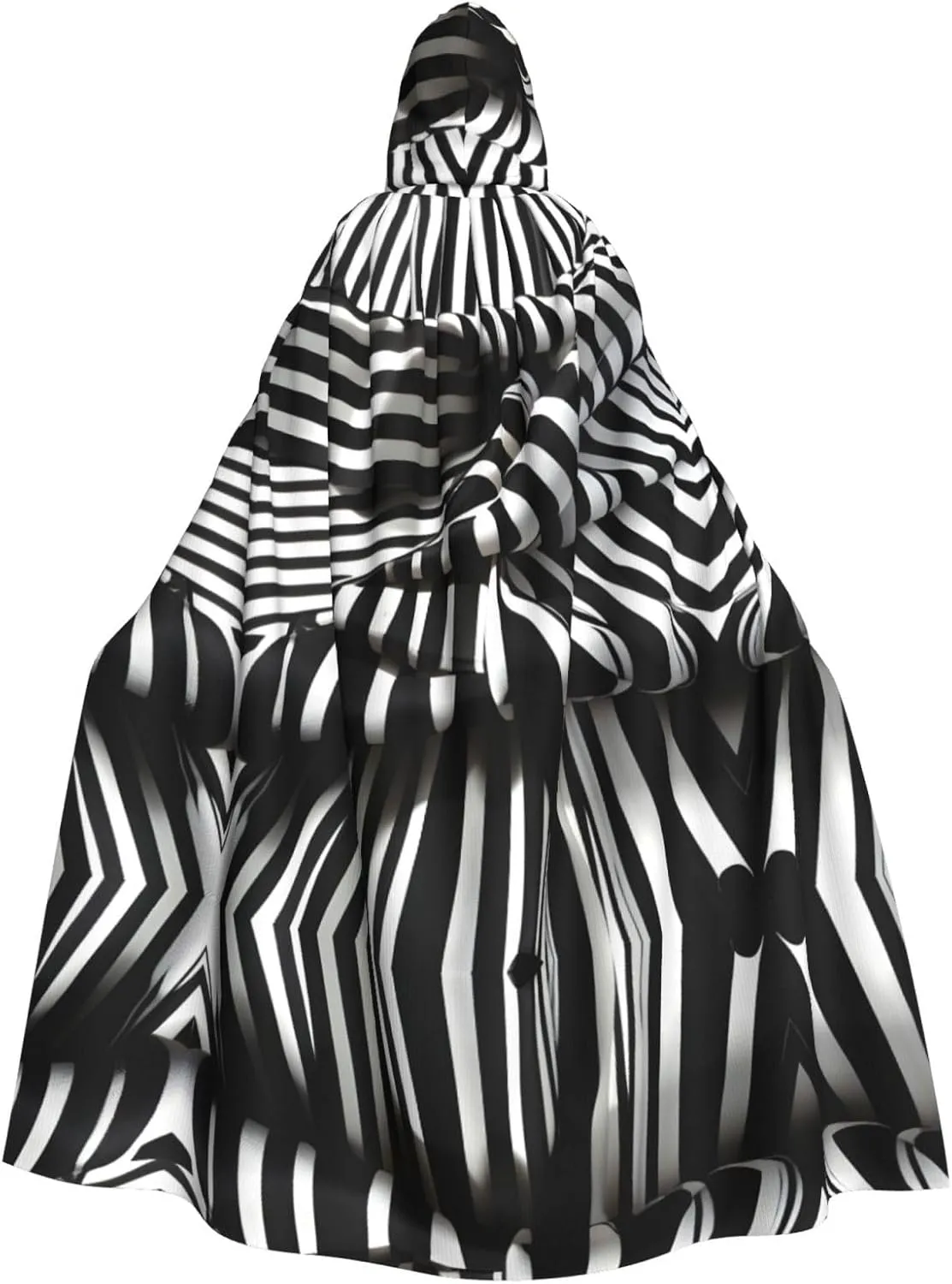 Black & White Stripe print Hooded Robe Cloak Long Cape Cosplay Costume Halloween Witch Cosplay Robe for Men Women