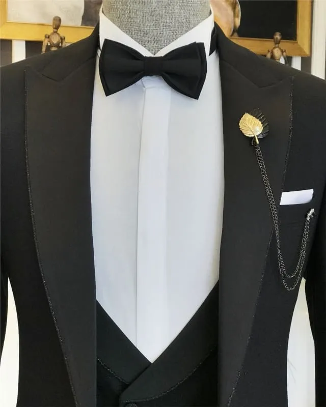 Black Peaked Lapel Three Pieces Business Suits Slim Fit Wedding Suits