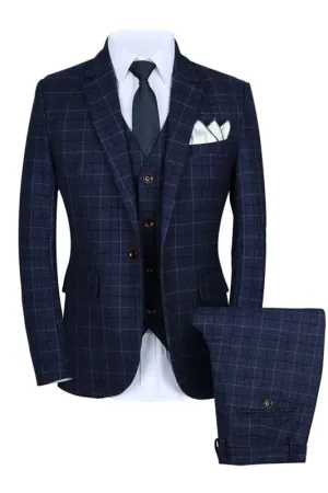 Blue Notched Lapel Three Pieces Plaid  Business Suits Slim Fit Bestmen Suits