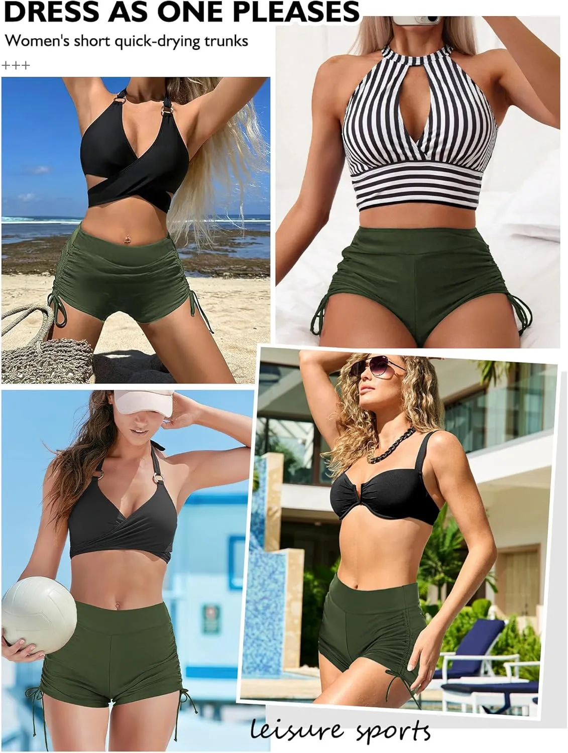 Buauty Women's Swim Shorts High Waisted Bathing Suit Bottoms Adjustable Side Tie Swimsuit Boy Short Pants Swimwear UPF50 