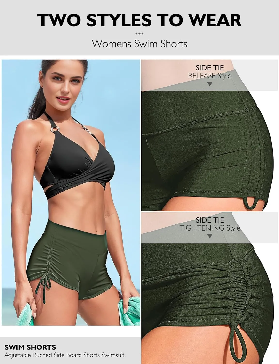 Buauty Women's Swim Shorts High Waisted Bathing Suit Bottoms Adjustable Side Tie Swimsuit Boy Short Pants Swimwear UPF50 