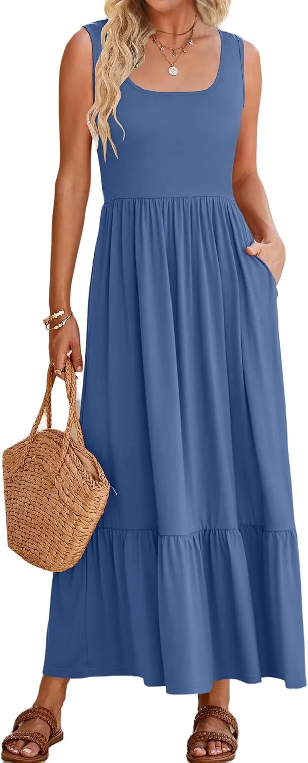 Canbebig Maxi Dresses for Women 2025 Square Neck Pleated Swing Casual Dress Sleeveless A Line Flowy Beach Dress Long Sundress