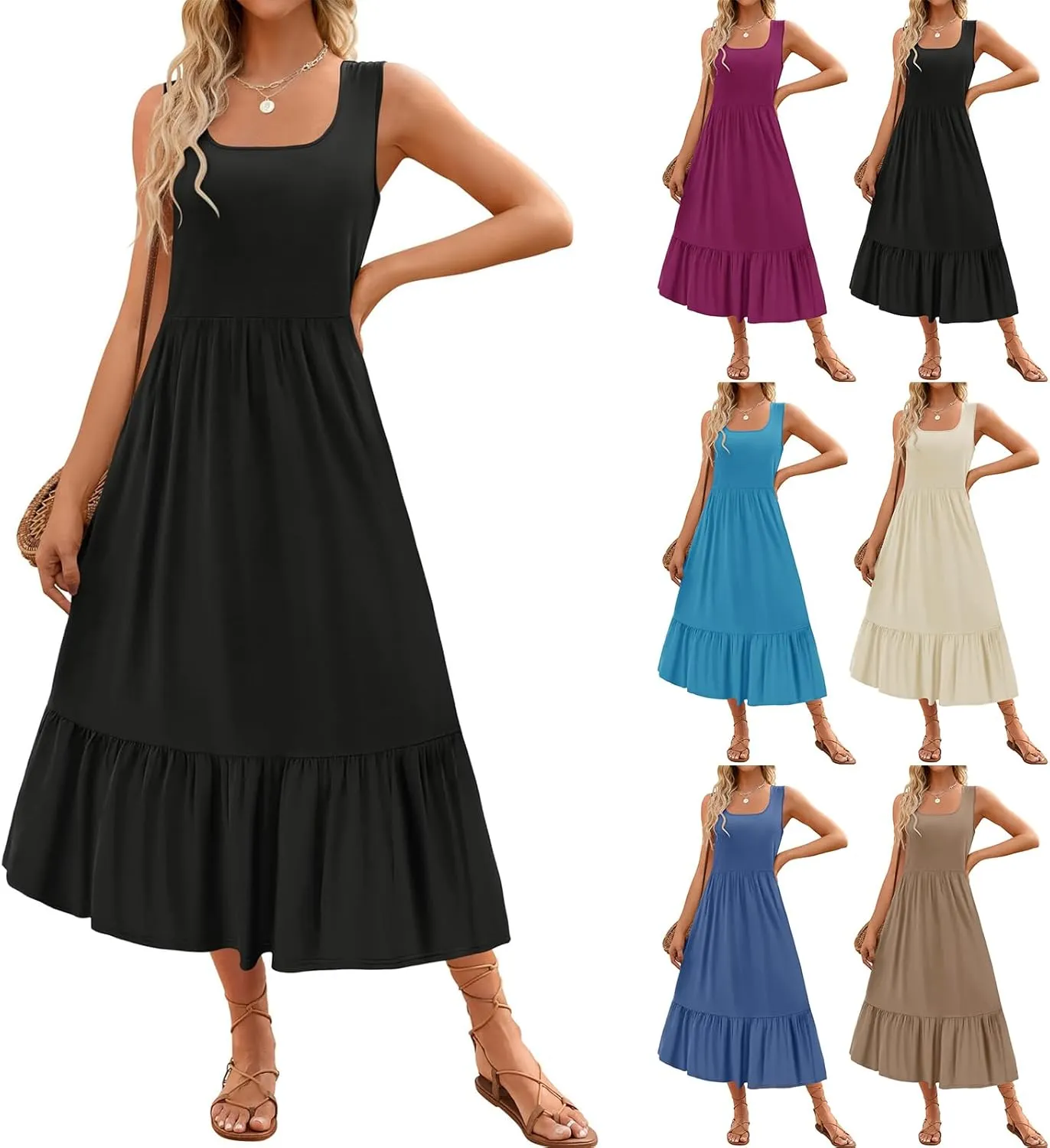 Canbebig Maxi Dresses for Women 2025 Square Neck Pleated Swing Casual Dress Sleeveless A Line Flowy Beach Dress Long Sundress