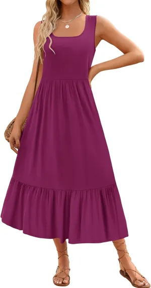 Canbebig Maxi Dresses for Women 2025 Square Neck Pleated Swing Casual Dress Sleeveless A Line Flowy Beach Dress Long Sundress