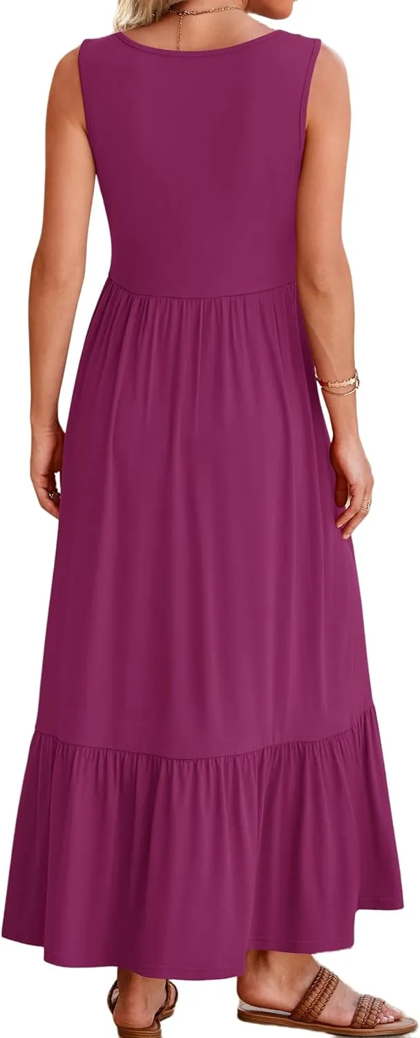 Canbebig Maxi Dresses for Women 2025 Square Neck Pleated Swing Casual Dress Sleeveless A Line Flowy Beach Dress Long Sundress