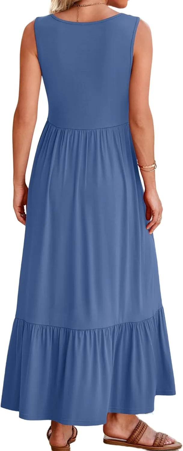 Canbebig Maxi Dresses for Women 2025 Square Neck Pleated Swing Casual Dress Sleeveless A Line Flowy Beach Dress Long Sundress