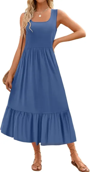 Canbebig Maxi Dresses for Women 2025 Square Neck Pleated Swing Casual Dress Sleeveless A Line Flowy Beach Dress Long Sundress
