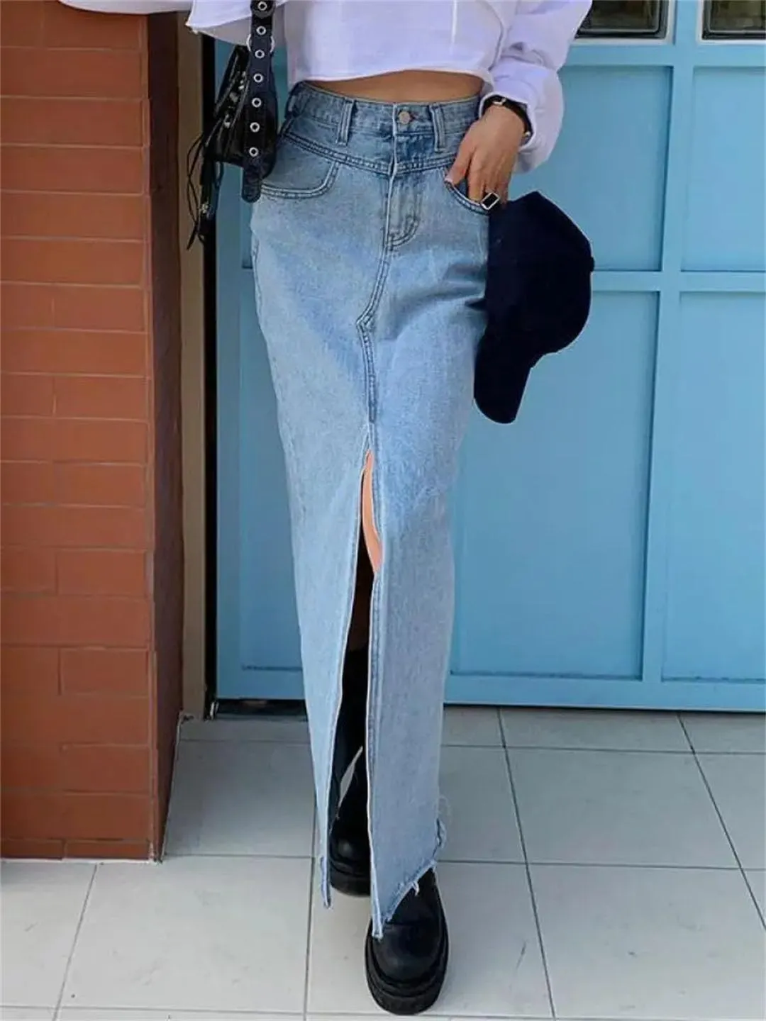 Casual Botton Split Denim Skirts Female Sping Summer Long Skirt Ladies High Waisted Pocket Jeans Skirt