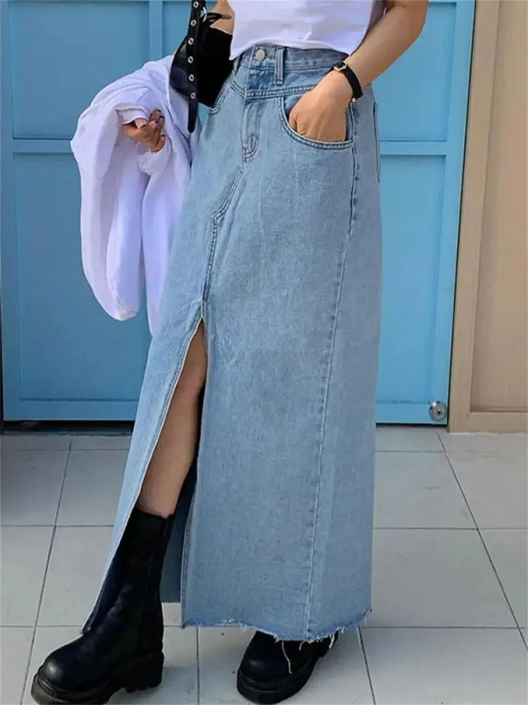 Casual Botton Split Denim Skirts Female Sping Summer Long Skirt Ladies High Waisted Pocket Jeans Skirt