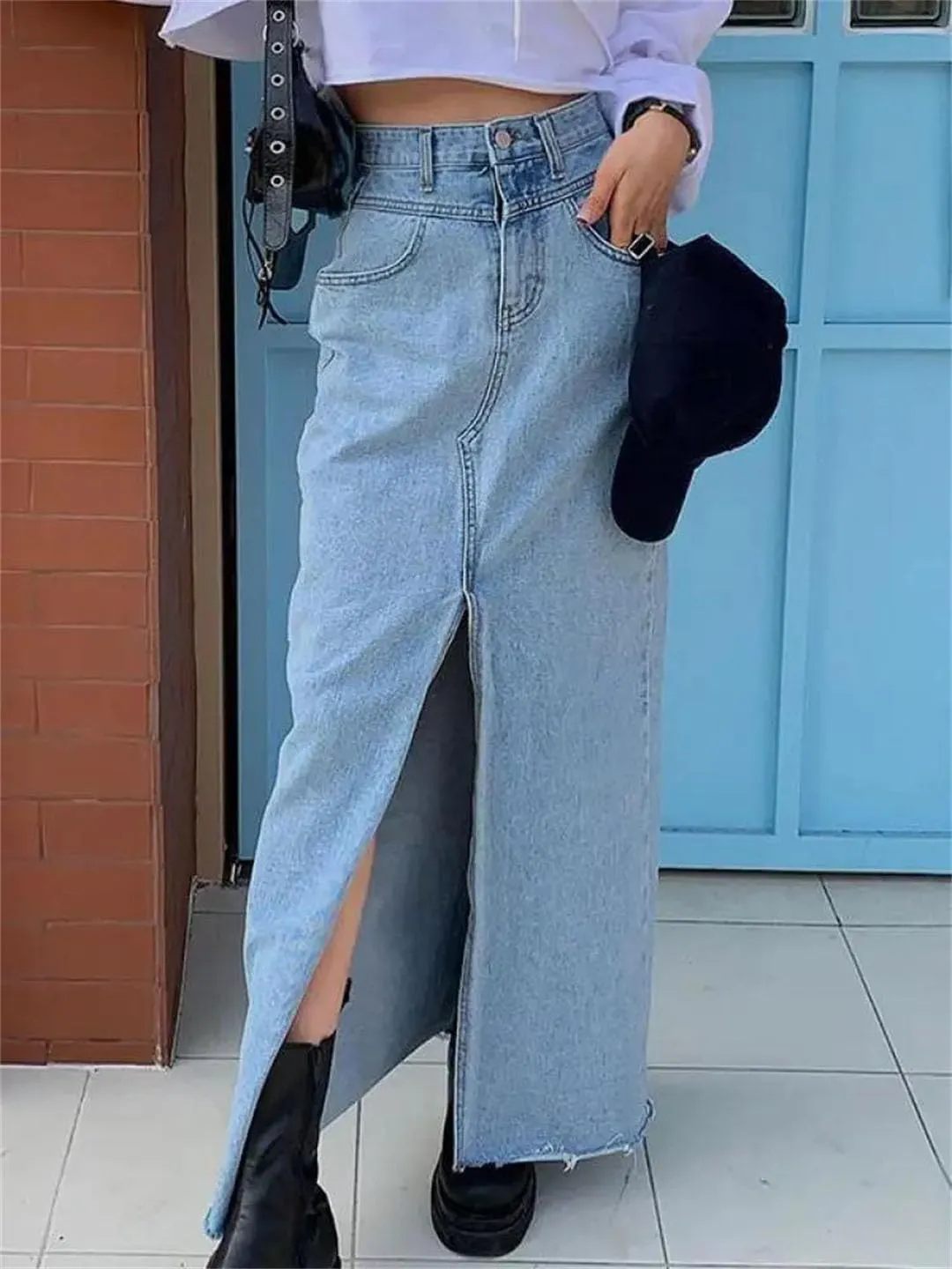 Casual Botton Split Denim Skirts Female Sping Summer Long Skirt Ladies High Waisted Pocket Jeans Skirt