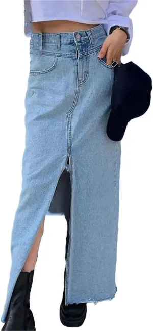 Casual Botton Split Denim Skirts Female Sping Summer Long Skirt Ladies High Waisted Pocket Jeans Skirt
