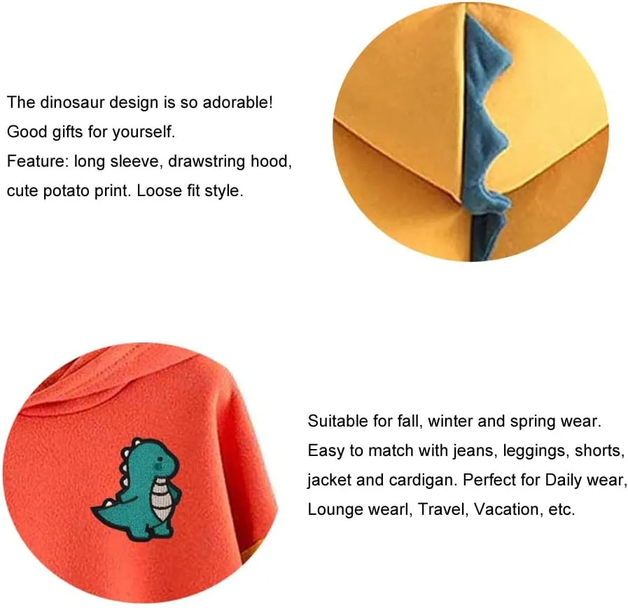Casual Loose Color Block Long Sleeve Dinosaur Hoodies Pullover Tops Hooded Sweatshirt