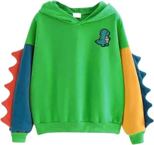 Casual Loose Color Block Long Sleeve Dinosaur Hoodies Pullover Tops Hooded Sweatshirt