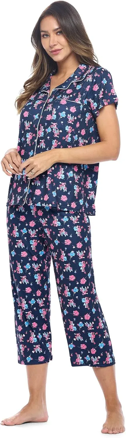 Casual Nights Women's Super Soft Capri Pajamas Set, Short Sleeve Button Down Shirt with Pants PJ Set with Pockets