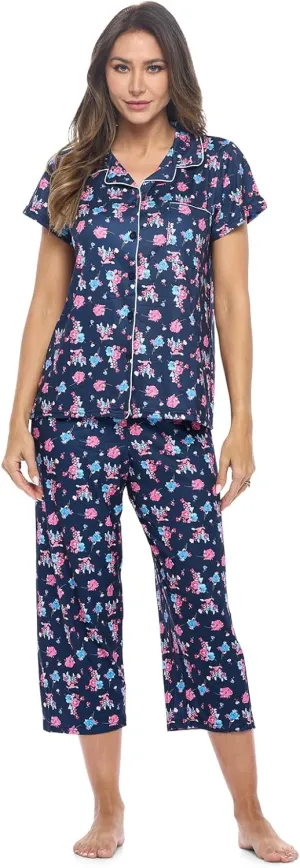 Casual Nights Women's Super Soft Capri Pajamas Set, Short Sleeve Button Down Shirt with Pants PJ Set with Pockets