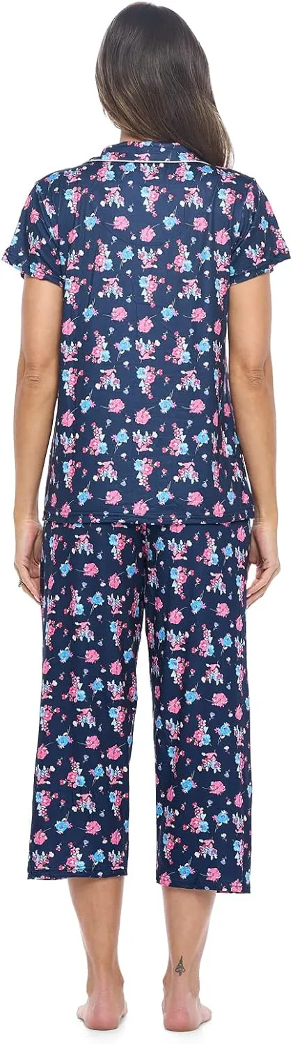 Casual Nights Women's Super Soft Capri Pajamas Set, Short Sleeve Button Down Shirt with Pants PJ Set with Pockets