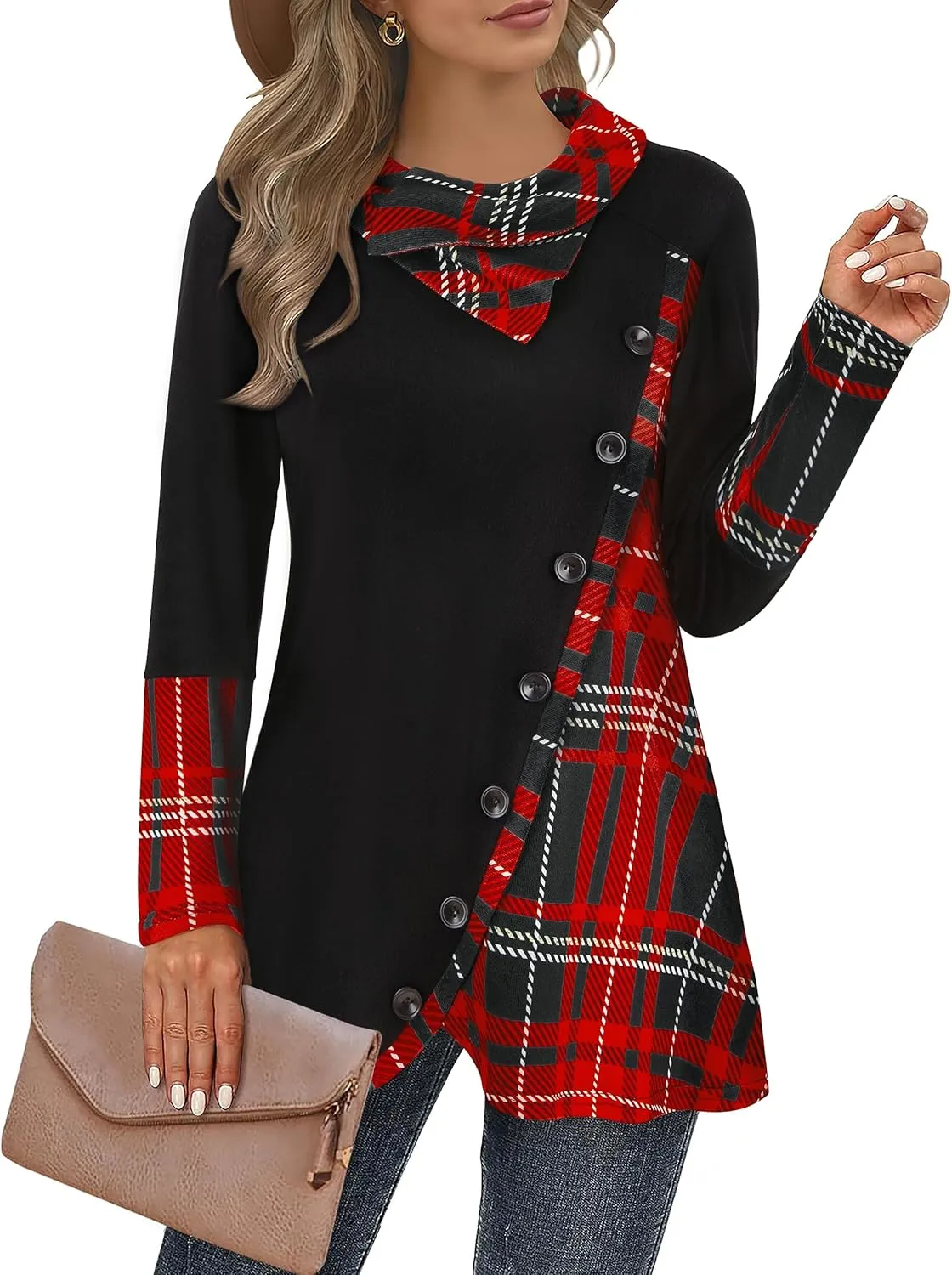 Cestyle Womens Fall Long Sleeve Cowl Neck Asymmetrical Hemline Flowy Tunic Top