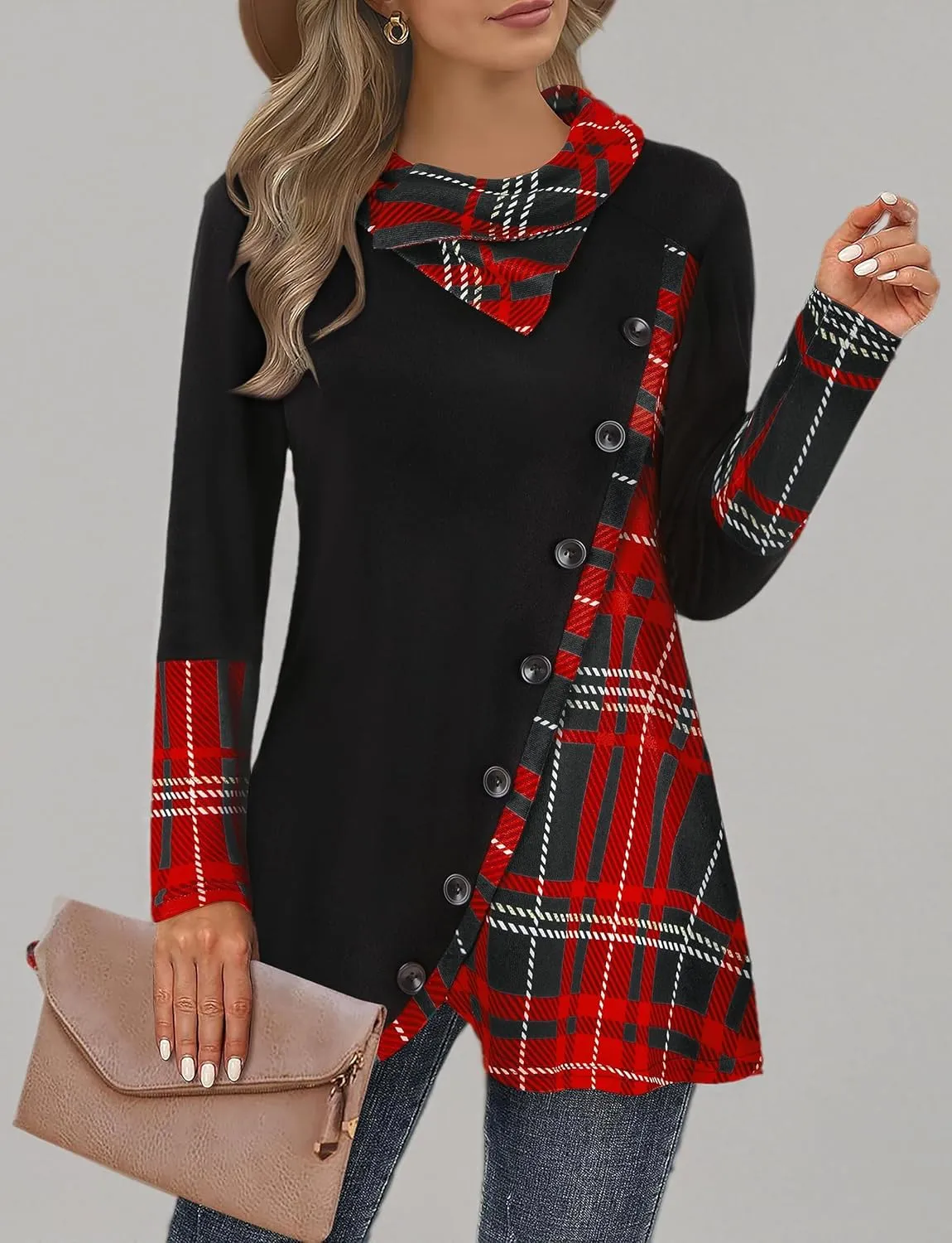 Cestyle Womens Fall Long Sleeve Cowl Neck Asymmetrical Hemline Flowy Tunic Top