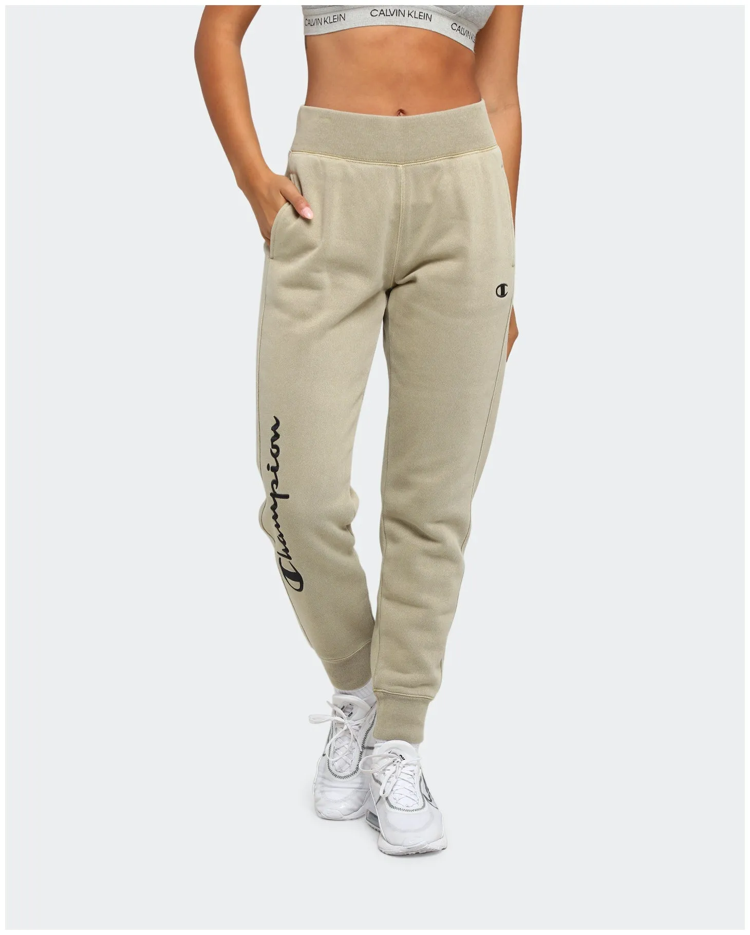 Champion Women's Garment Dyed Rev Weave Script Jogger American Khaki