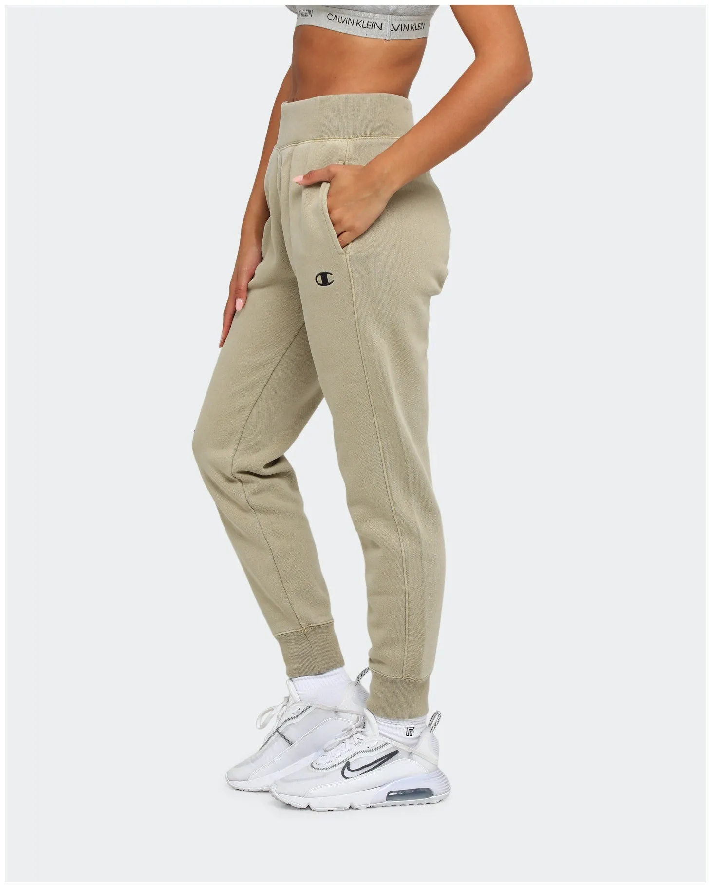 Champion Women's Garment Dyed Rev Weave Script Jogger American Khaki