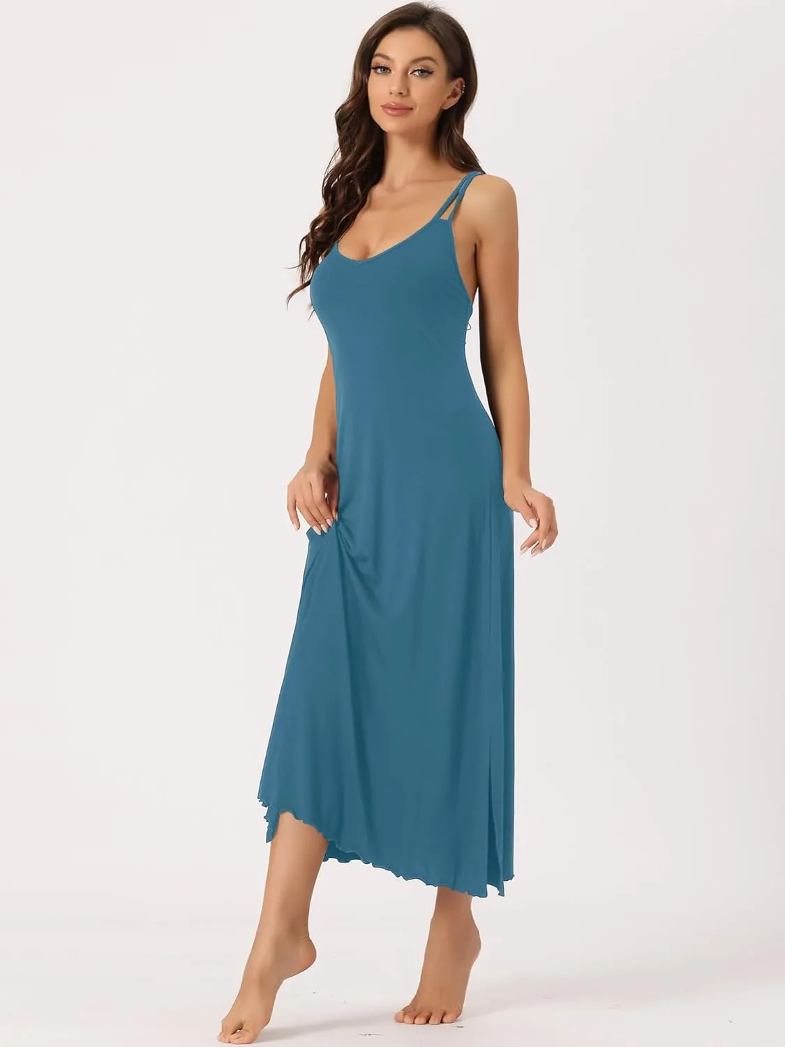 cheibear Womens Lingerie Nighties Midi Pajama Dress Loungewear Racer Back Full Slip Camisole Long Nightgowns