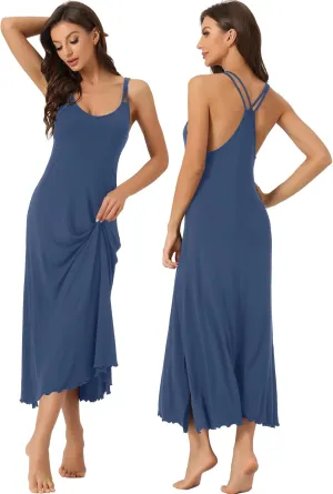 cheibear Womens Lingerie Nighties Midi Pajama Dress Loungewear Racer Back Full Slip Camisole Long Nightgowns