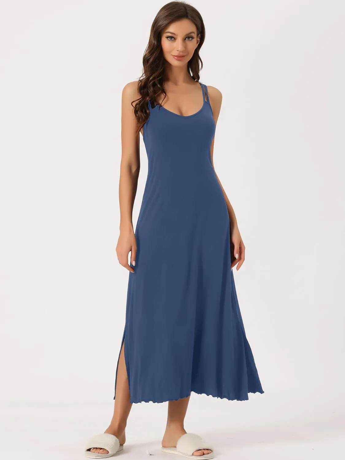 cheibear Womens Lingerie Nighties Midi Pajama Dress Loungewear Racer Back Full Slip Camisole Long Nightgowns