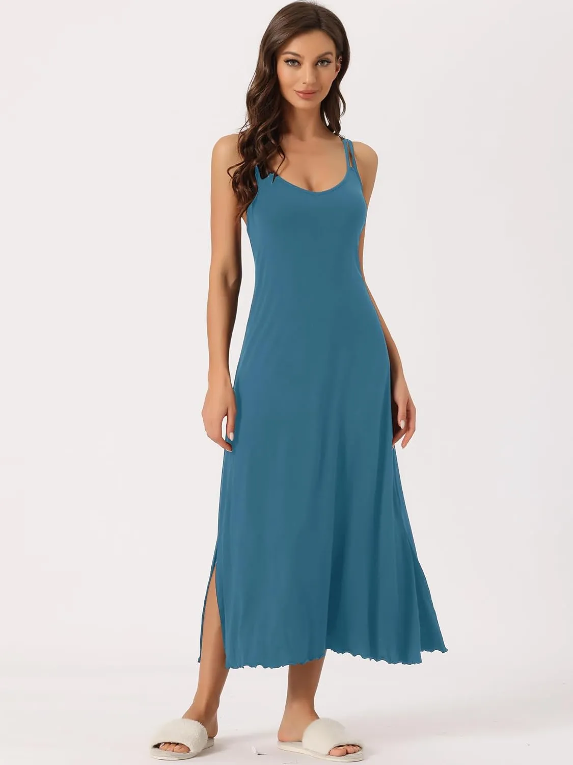 cheibear Womens Lingerie Nighties Midi Pajama Dress Loungewear Racer Back Full Slip Camisole Long Nightgowns
