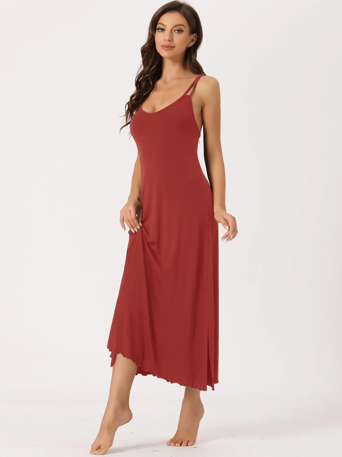 cheibear Womens Lingerie Nighties Midi Pajama Dress Loungewear Racer Back Full Slip Camisole Long Nightgowns