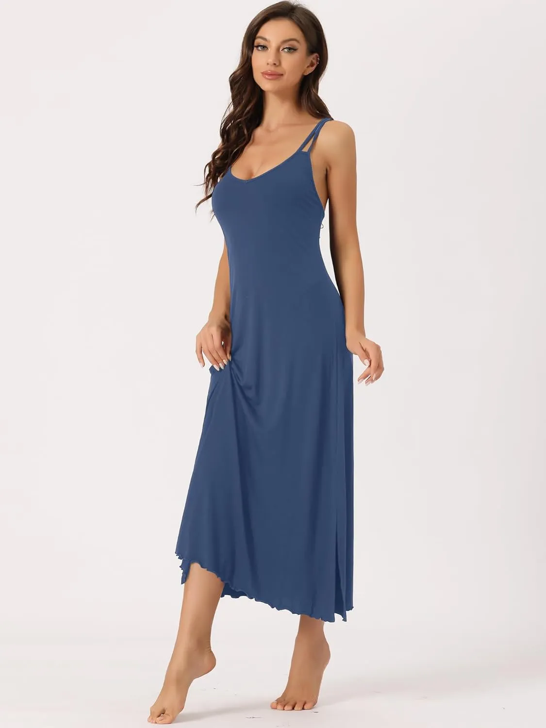 cheibear Womens Lingerie Nighties Midi Pajama Dress Loungewear Racer Back Full Slip Camisole Long Nightgowns