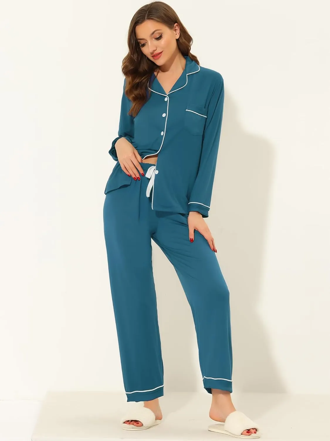 cheibear Womens Sleepwear Pajamas Modal Button Down Nightshirt Long Sleeves with Pants Loungewear Set